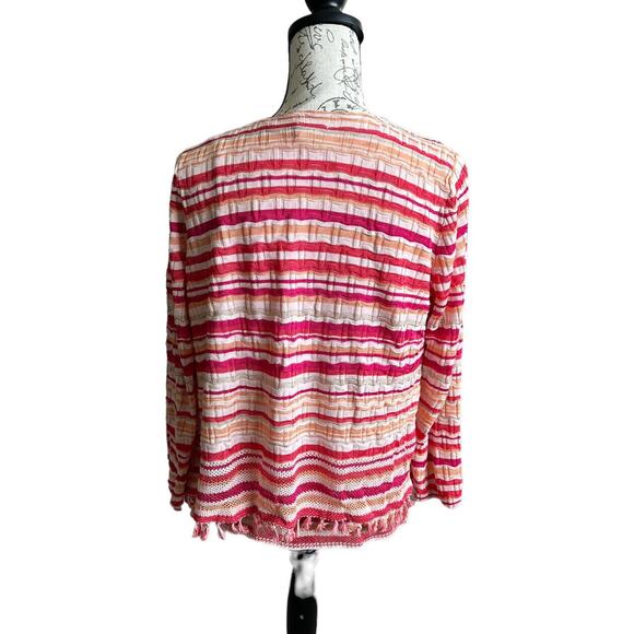 Chico's Pink Orange White Wave Striped Open Cardigan Tassels 1P Medium Petite - Picture 4 of 7